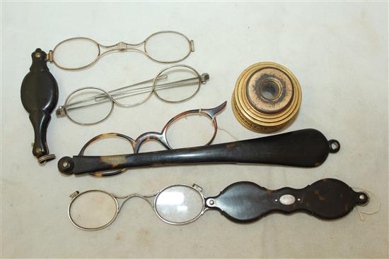 19th C gilt metal four draw spy glass, lorgnettes & spectacles(-)